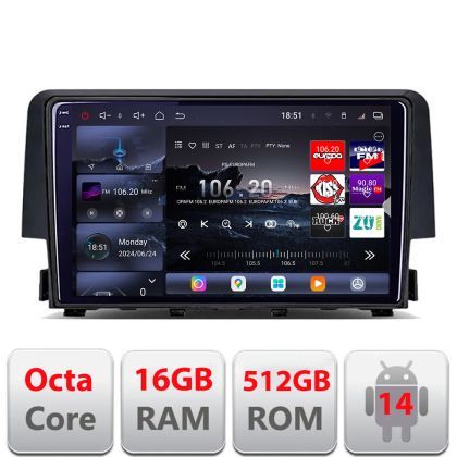Navigatie Honda Civic 2016-2020 8 core QLED 2K 12+256GB 360 Android Waze USB Navigatie Internet Youtube Radio Edotec